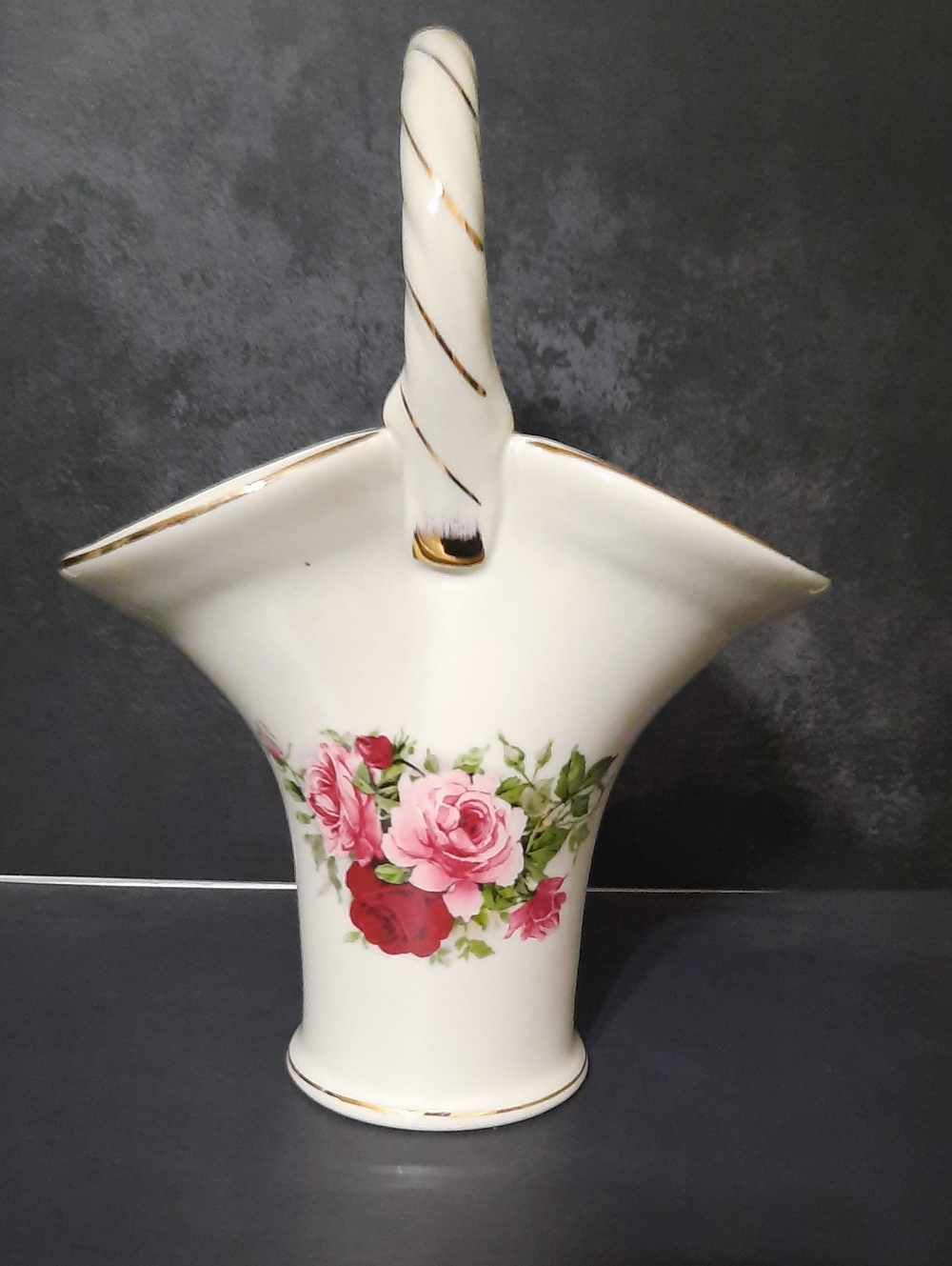 Vintage Porcelain Floral Basket Vase in White with Pink Roses